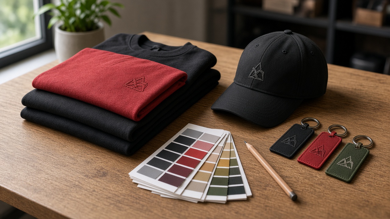A work table with apparel, caps, and key tags