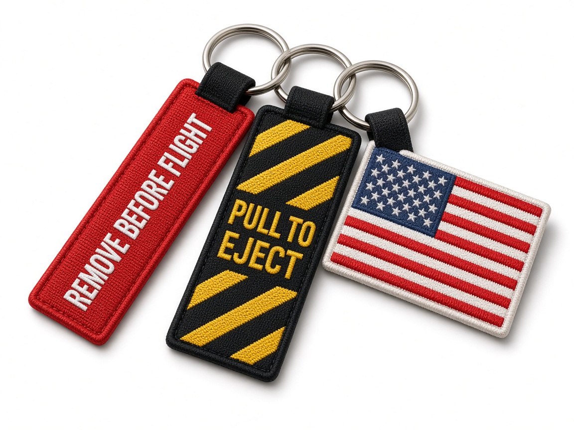 Red, black, and flag embroidered keychains
