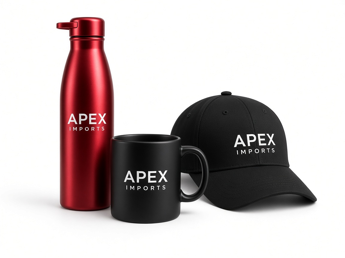 Branded bottle, mug, and cap