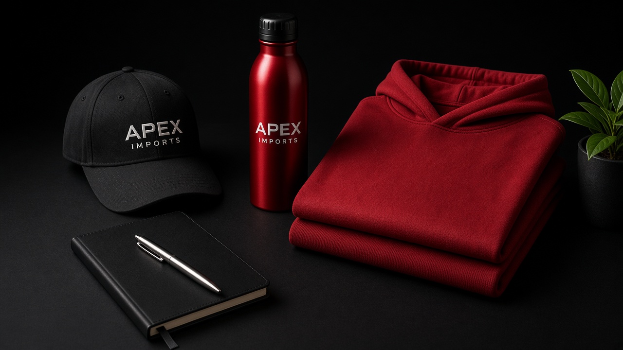 Branded cap, red bottle, and red hoodie on a desk