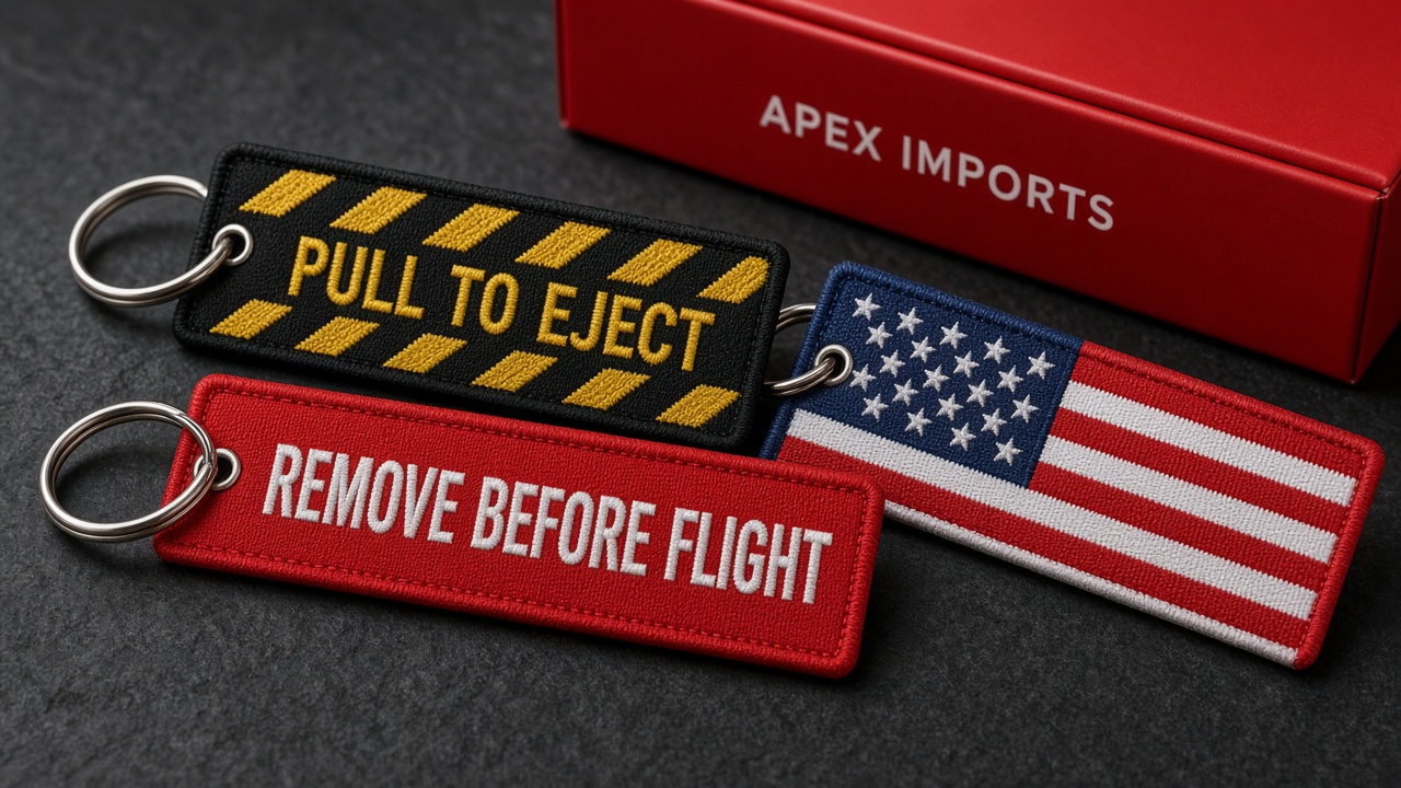 Embroidered keychains beside an Apex Imports box