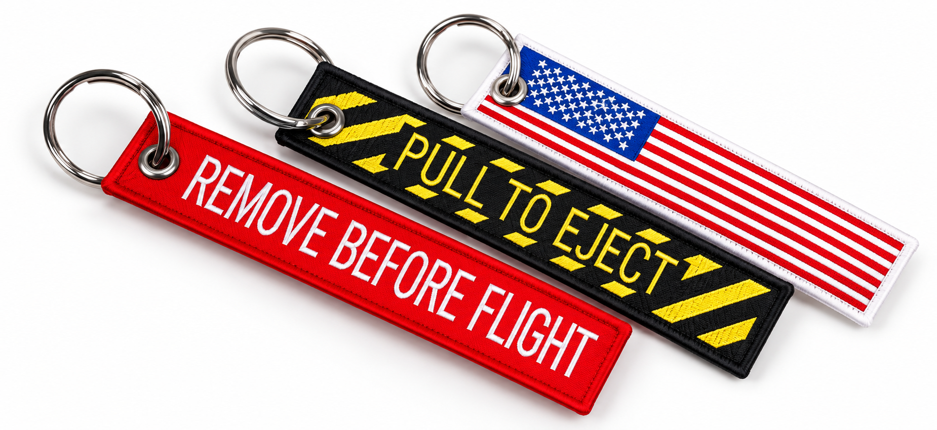 Red, black, and flag embroidered keychains