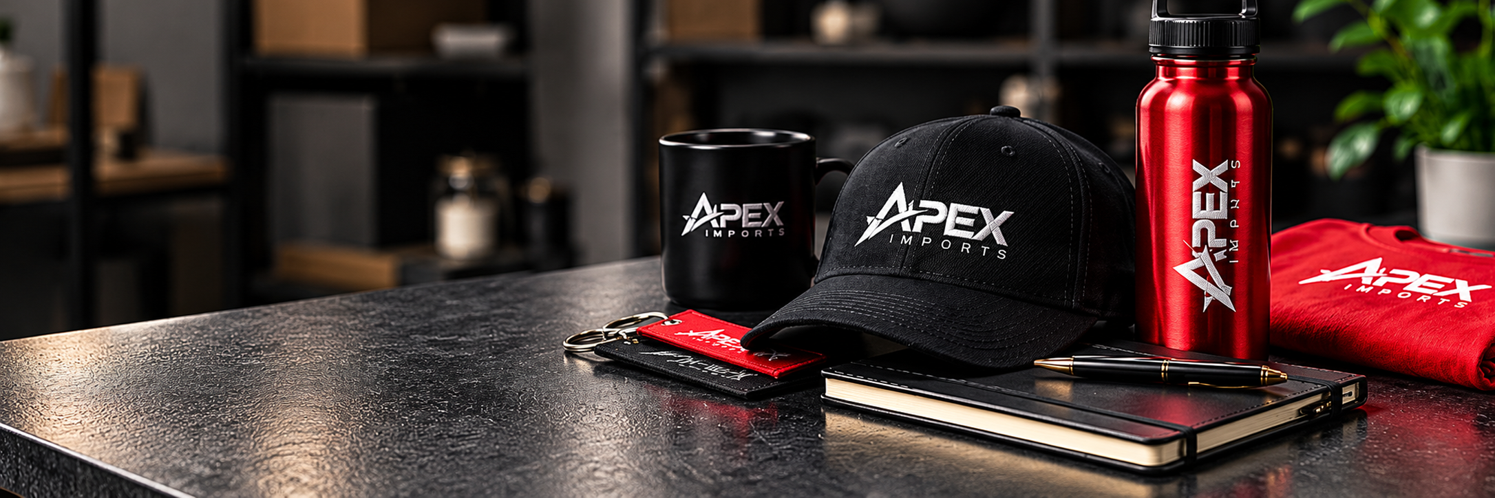 Branded cap, red bottle, and red hoodie on a desk