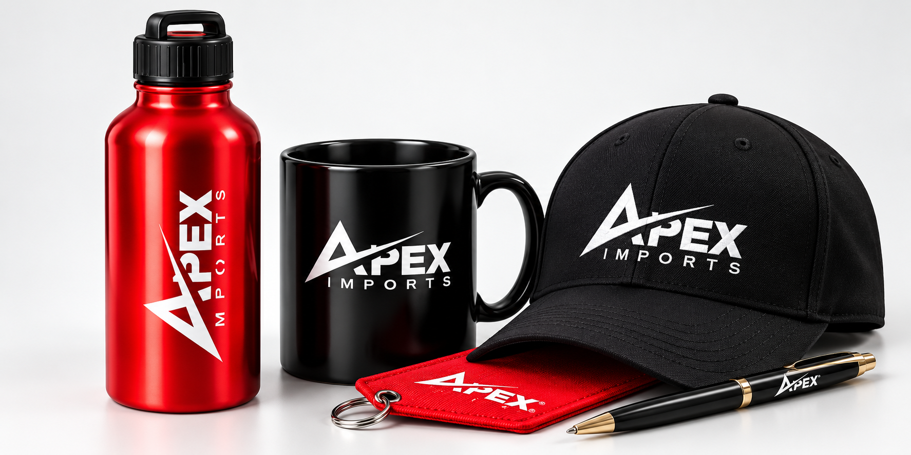 Branded bottle, mug, and cap